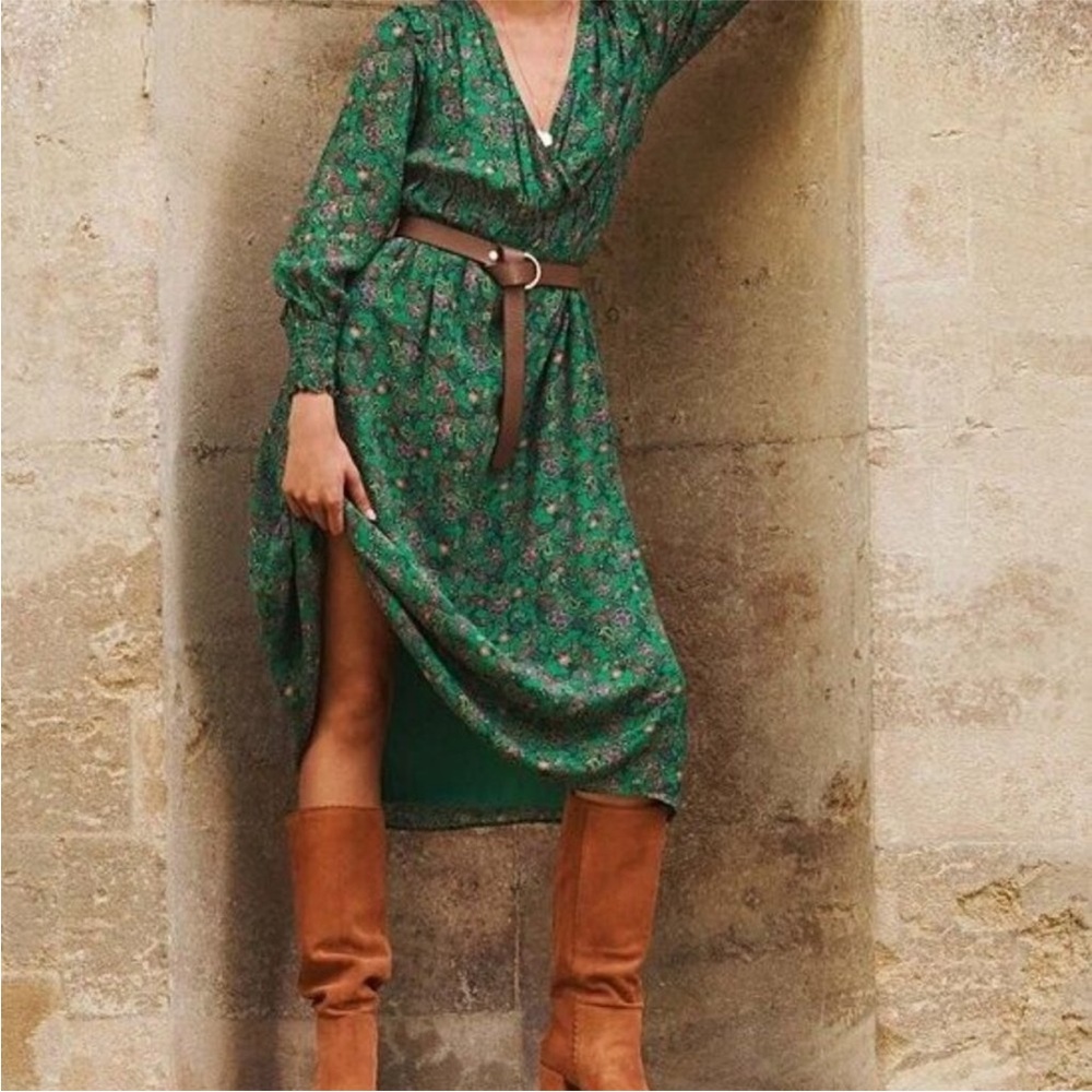 Boden Green V-Neck Bishop Sleeve Sundress